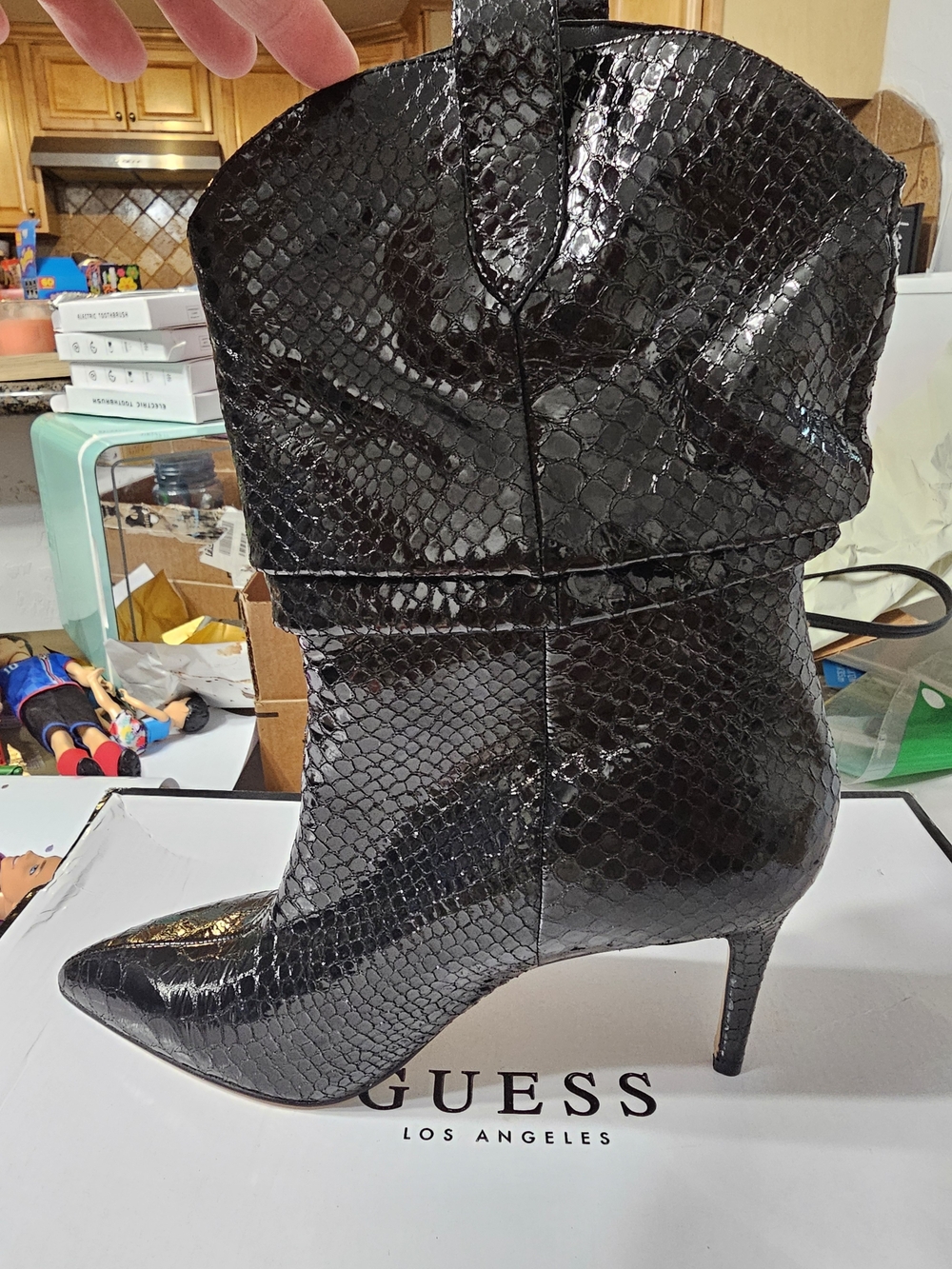 GUESS Black Patent Snake-Embossed Pointed-Toe Mid-Calf Boot